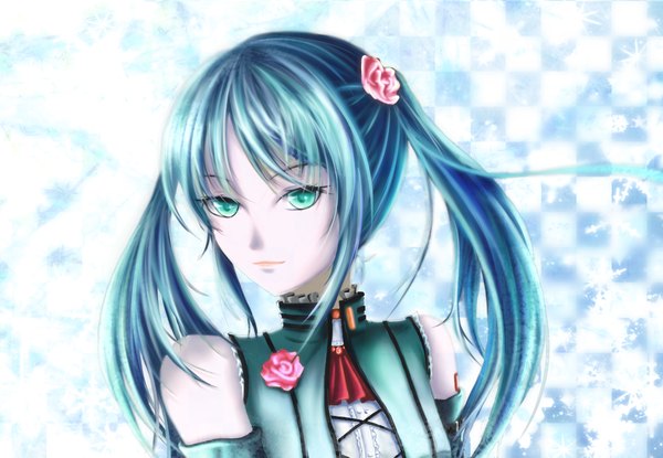 イラスト 1200x830 と ボーカロイド 初音ミク ソロ 長髪 ツインテール 肩出し 緑の目 青い髪 aqua hair 女の子 ちょう結び ヘア蝶結び