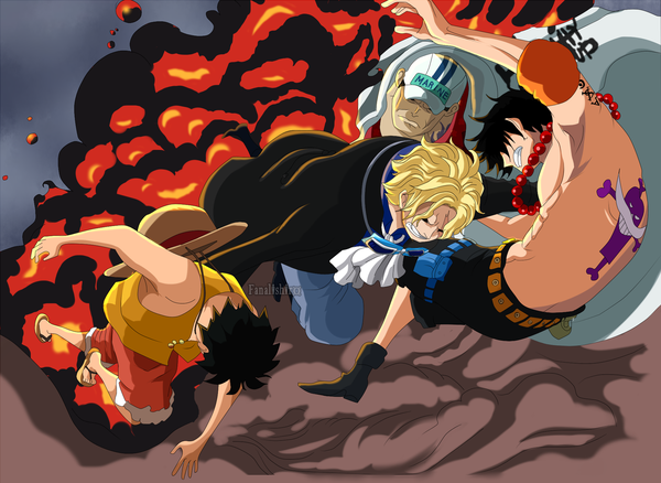 Anime-Bild 1991x1455 mit one piece toei animation monkey d. luffy portgas d. ace sabo (one piece) sakazuki (akainu) fanalishiro highres short hair black hair blonde hair holding signed from behind tattoo coloring topless smoke clenched teeth hat removed