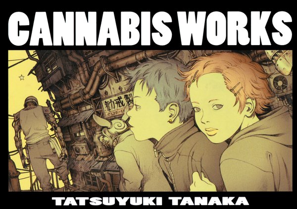 Anime picture 1670x1176 with cannabis works tanaka tatsuyuki looking at viewer highres short hair open mouth brown eyes blue hair pink hair inscription girl boy robot