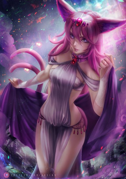 Anime picture 3532x5000 with pokemon nintendo espeon axsen single long hair tall image looking at viewer fringe highres light erotic hair between eyes standing purple eyes holding signed animal ears payot pink hair absurdres