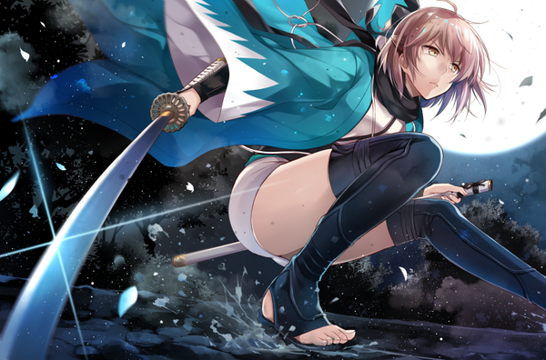 Anime picture 800x529 with fate (series) fate/grand order okita souji (fate) (all) okita souji (koha-ace) hirai yuzuki single fringe short hair blonde hair hair between eyes holding yellow eyes looking away bent knee (knees) traditional clothes japanese clothes night wide sleeves night sky lens flare
