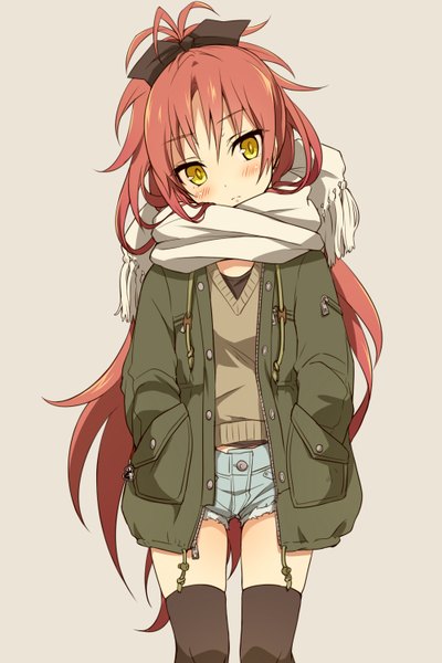 Anime picture 1000x1500 with mahou shoujo madoka magica shaft (studio) sakura kyouko yutsumoe single long hair tall image looking at viewer blush simple background yellow eyes ponytail red hair hands in pockets girl thighhighs bow black thighhighs hair bow jacket