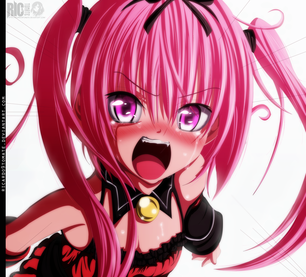 Anime picture 2000x1818 with toloveru toloveru darkness xebec nana asta deviluke ric9duran single long hair blush highres open mouth white background twintails pink hair pink eyes tears coloring crying girl dress ribbon (ribbons)