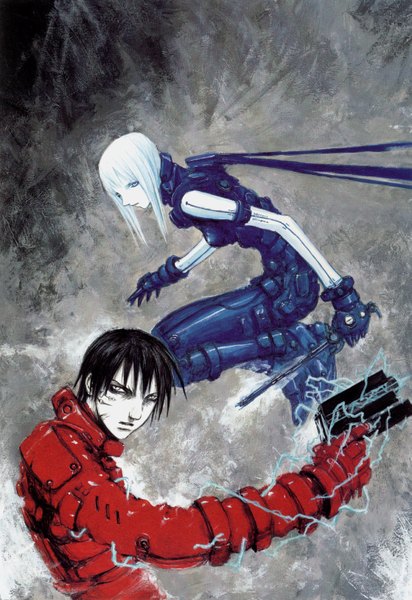 Anime picture 1117x1625 with blame! killy cibo nihei tsutomu long hair tall image short hair black hair silver hair girl boy weapon gun