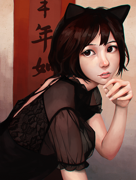 Anime picture 800x1063 with guweiz single tall image fringe short hair brown hair brown eyes animal ears fingernails lips cat ears short sleeves lipstick hieroglyph pink lipstick girl clothes
