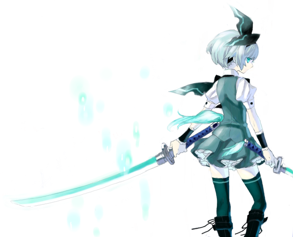 Anime picture 1049x849 with touhou konpaku youmu yummy (yumyumyummy) single short hair simple background white background holding silver hair profile aqua eyes from behind puffy sleeves dual wielding girl thighhighs skirt ribbon (ribbons) weapon black thighhighs