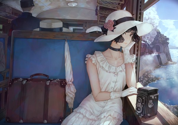 Anime picture 1414x1000 with original tokiwa reika kaoming looking at viewer fringe short hair breasts black hair sitting payot sky cloud (clouds) arm up black eyes sleeveless solo focus frilled dress chin rest closed umbrella train interior