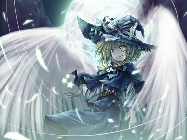 Anime picture 1024x768 with touhou kirisame marisa aozora market single long hair looking at viewer blonde hair yellow eyes braid (braids) light smile angel wings white wings adapted costume girl hat wings belt moon feather (feathers) witch hat
