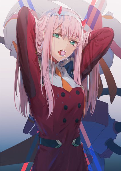 Anime-Bild 800x1132 mit darling in the franxx studio trigger zero two (darling in the franxx) strelizia dangmill single long hair tall image looking at viewer fringe open mouth hair between eyes standing holding green eyes payot pink hair mouth hold arms behind head girl