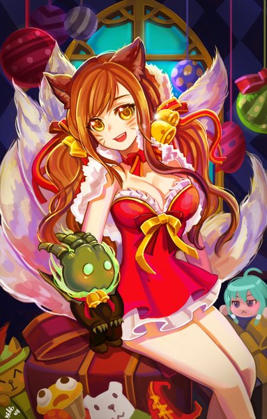 Anime picture 800x1251 with league of legends ahri (league of legends) sinbe (artist) single long hair tall image looking at viewer open mouth light erotic brown hair sitting twintails bare shoulders animal ears yellow eyes tail animal tail fox ears facial mark fox tail
