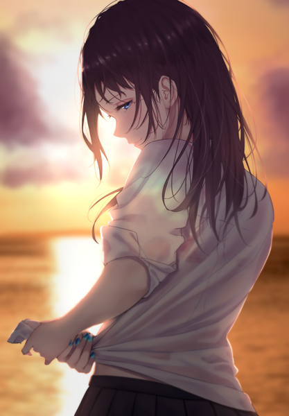 Anime picture 1726x2485 with original saitou (lynx-shrike) single long hair tall image looking at viewer blush fringe highres blue eyes brown hair standing sky upper body outdoors long sleeves nail polish profile pleated skirt looking back