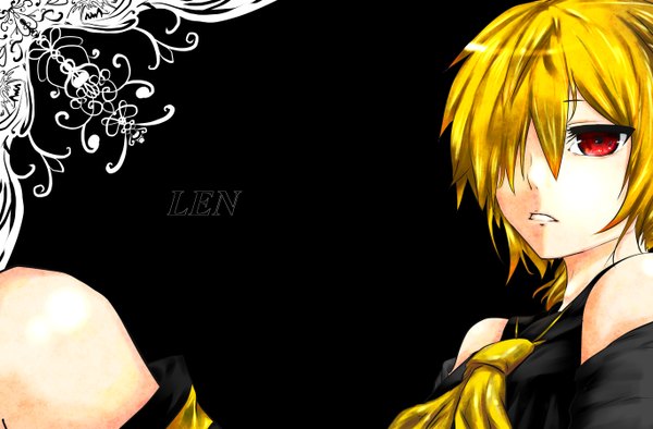 Anime picture 5472x3598 with vocaloid kagamine len single looking at viewer fringe highres open mouth simple background blonde hair red eyes sitting absurdres hair over one eye inscription black background boy detached sleeves necktie