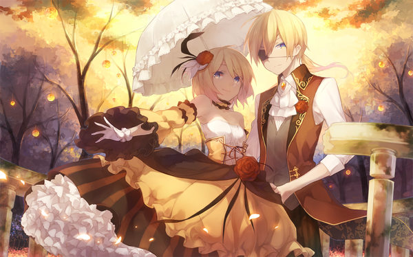 Anime picture 1281x800 with vocaloid kagamine rin kagamine len iritoa looking at viewer short hair blue eyes blonde hair wide image hair flower shared umbrella girl dress boy hair ornament flower (flowers) plant (plants) detached sleeves tree (trees) umbrella