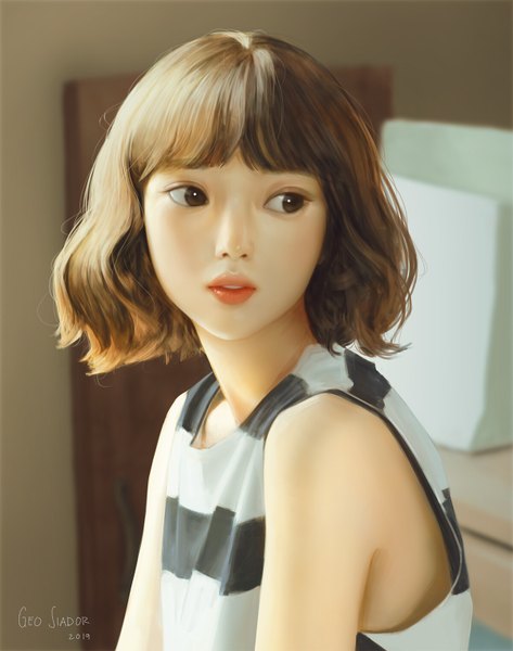 Anime picture 1200x1520 with original geo siador single tall image fringe short hair brown hair brown eyes signed looking away upper body parted lips realistic lipstick 2019 girl tank top
