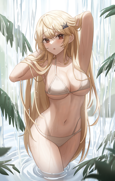 Anime picture 1600x2520 with original cream (cream) pucohiiiii single long hair tall image looking at viewer blush fringe breasts open mouth light erotic blonde hair hair between eyes large breasts standing brown eyes cleavage head tilt arms up