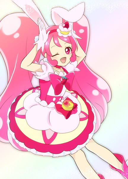Anime picture 1515x2104 with precure kirakira precure a la mode toei animation usami ichika cure whip su4fec single long hair tall image open mouth simple background twintails animal ears pink hair one eye closed pink eyes wink arms up bunny ears gradient background