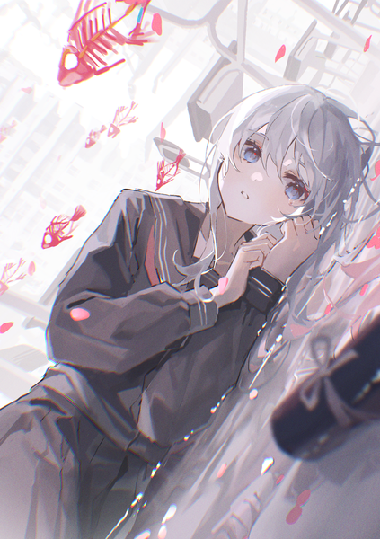 Anime picture 2039x2894 with original oyuyu single long hair tall image looking at viewer fringe highres blue eyes hair between eyes silver hair indoors lying long sleeves parted lips blurry dutch angle partially submerged on side anaglyph