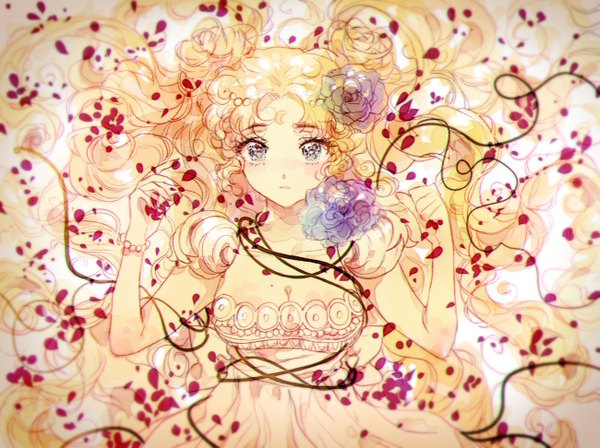 Anime picture 1300x972 with bishoujo senshi sailor moon toei animation tsukino usagi princess serenity inhye single looking at viewer blue eyes blonde hair twintails lying very long hair hair flower hair bun (hair buns) girl dress flower (flowers) petals white dress thread