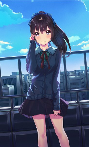 Anime picture 1200x1961 with original kagematsuri single long hair tall image looking at viewer blush fringe blue eyes black hair hair between eyes standing sky cloud (clouds) outdoors ponytail dutch angle city adjusting hair sleeves past wrists