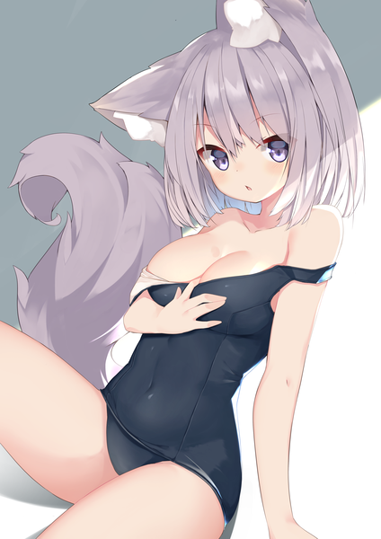 Anime picture 2894x4093 with original mm2k single tall image looking at viewer blush fringe highres short hair breasts light erotic simple background hair between eyes large breasts sitting purple eyes animal ears silver hair tail animal tail