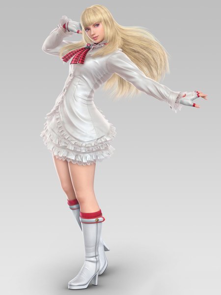 Anime picture 1280x1707 with tekken namco (studio) lili rochefort single long hair tall image blue eyes simple background blonde hair realistic grey background spread arms girl dress gloves boots white dress fingerless gloves short dress