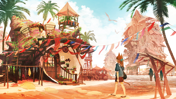 Anime picture 2560x1440 with original jean popo long hair highres short hair brown hair wide image sitting multiple girls animal ears cloud (clouds) full body outdoors tail animal tail pleated skirt sunlight cat ears short sleeves cat girl