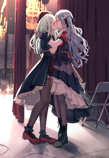 Anime picture 2894x4192 with bang dream! bang dream! it's mygo!!!!! togawa sakiko wakaba mutsumi benevole long hair tall image blush highres standing twintails multiple girls blue hair full body indoors eyes closed green hair hug light shoujo ai