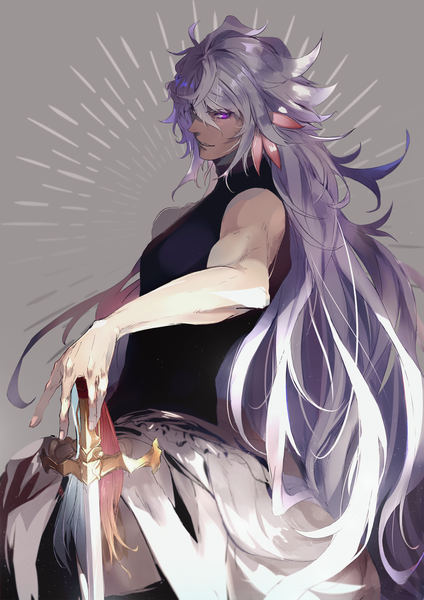 Anime picture 1414x2000 with fate (series) fate/grand order merlin (fate) pvc parfait single long hair tall image looking at viewer fringe simple background hair between eyes standing purple eyes bare shoulders silver hair grey background sleeveless boy weapon sword