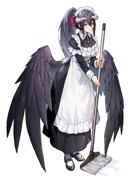 Anime picture 1032x1457 with overlord (maruyama) madhouse albedo (overlord) tsugu0302 single long hair tall image looking at viewer fringe black hair simple background smile hair between eyes standing white background holding yellow eyes full body ponytail long sleeves