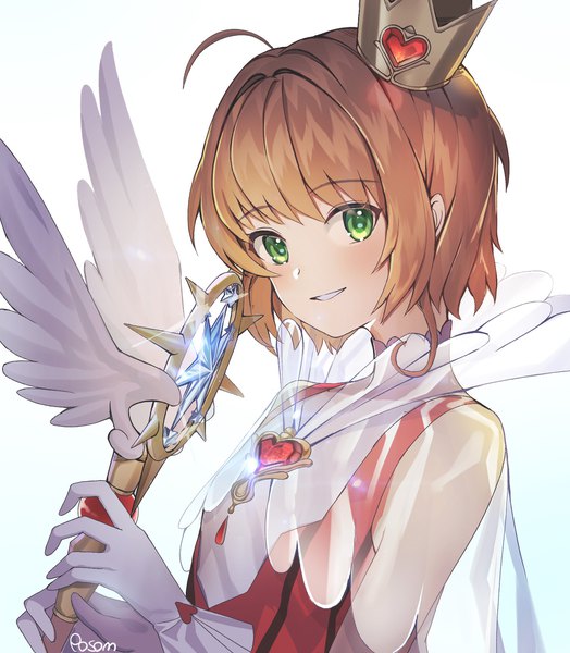 Anime picture 1500x1716 with card captor sakura clamp kinomoto sakura posom single tall image looking at viewer short hair simple background smile brown hair green eyes signed upper body ahoge gradient background magical girl girl gloves white gloves