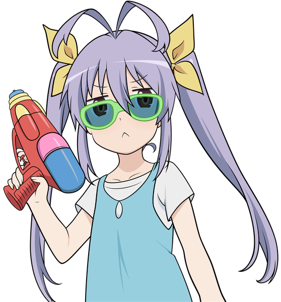 Anime picture 3729x4010 with non non biyori silver link miyauchi renge dekodere single tall image looking at viewer highres twintails brown eyes absurdres purple hair ahoge transparent background vector :< derivative work girl glasses water gun