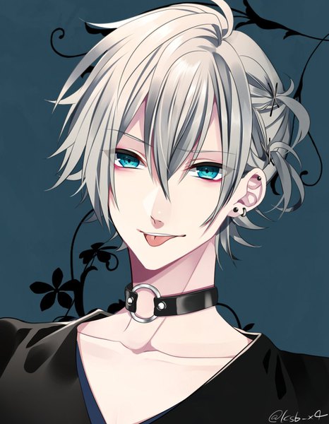 Anime picture 1000x1288 with original ksb_x4 single tall image looking at viewer fringe short hair blue eyes simple background hair between eyes signed silver hair upper body twitter username piercing portrait ear piercing blue background :p boy