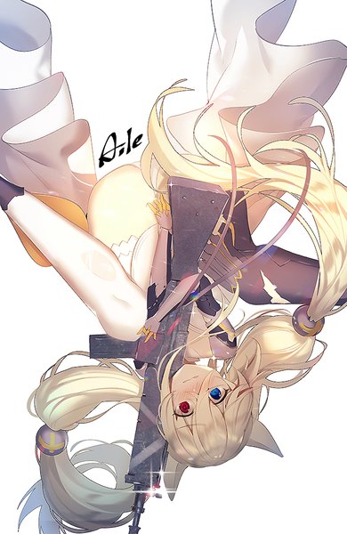 Anime picture 666x1025 with girls frontline g41 (girls frontline) aile (crossroads) single tall image blush fringe blue eyes light erotic blonde hair simple background hair between eyes red eyes white background twintails signed animal ears very long hair pantyshot embarrassed