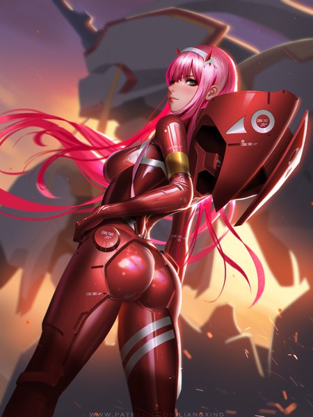 Anime picture 750x1000 with darling in the franxx studio trigger zero two (darling in the franxx) strelizia liang xing single long hair tall image blush fringe breasts light erotic hair between eyes standing pink hair ass looking back horn (horns) aqua eyes lips