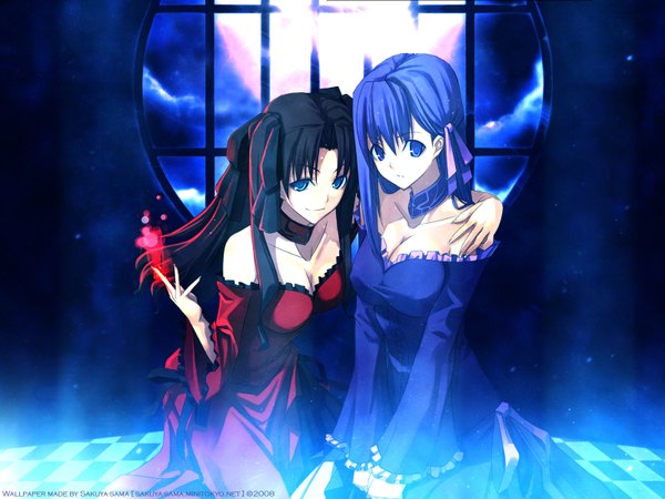 Anime picture 1600x1200 with fate (series) fate/stay night fate/hollow ataraxia studio deen type-moon toosaka rin matou sakura long hair fringe blue eyes black hair smile sitting bare shoulders multiple girls blue hair alternate costume magic siblings checkered floor