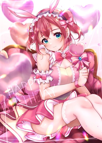 Anime picture 2591x3624 with love live! sunshine!! sunrise (studio) love live! kurosawa ruby nigauri single tall image looking at viewer blush fringe highres short hair breasts light erotic smile hair between eyes sitting bare shoulders holding animal ears