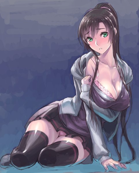 Anime picture 1205x1500 with strike the blood kirasaka sayaka utu (pixiv 70372) single long hair tall image looking at viewer blush breasts open mouth light erotic simple background brown hair large breasts green eyes ponytail open clothes reclining girl thighhighs