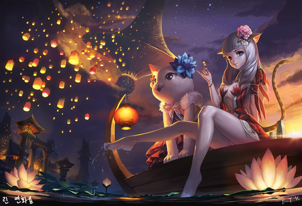 Аниме картинка 1920x1314 с клинок и душа lyn (blade & soul) santafe99 один (одна) длинные волосы смотрит на зрителя чёлка высокое разрешение грудь голубые глаза лёгкая эротика улыбка сидит держать подписанный уши животного смотрит в сторону небо серебряные волосы облако (облака)