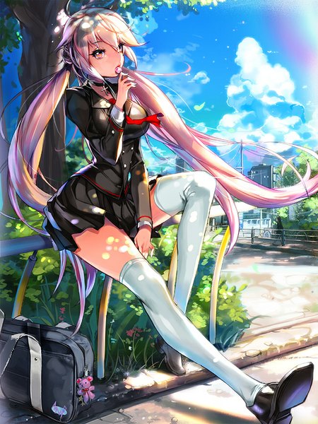 Anime picture 650x867 with furyou michi ~gang road~ imp single long hair tall image looking at viewer fringe open mouth sitting twintails pink hair sky cloud (clouds) bent knee (knees) pleated skirt pink eyes wind sunlight city sunbeam