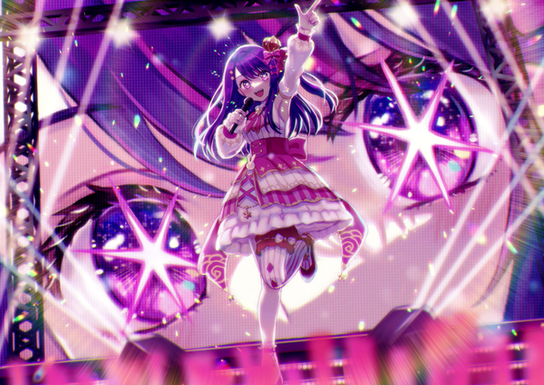 Anime picture 1228x868 with oshi no ko hoshino ai (oshi no ko) chirin single long hair looking at viewer open mouth standing purple eyes purple hair :d arm up one side up symbol-shaped pupils standing on one leg zoom layer girl detached sleeves microphone idol