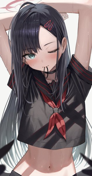 Anime picture 1678x3200 with blue archive ichika (blue archive) hidulume single long hair tall image blush fringe black hair upper body ahoge one eye closed aqua eyes arms up midriff sweat hair tie in mouth girl navel uniform