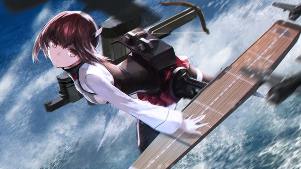 Anime picture 1512x850 with kantai collection taihou armored aircraft carrier swd3e2 single looking at viewer short hair brown hair wide image brown eyes blurry leaning leaning forward girl thighhighs black thighhighs water armor aircraft