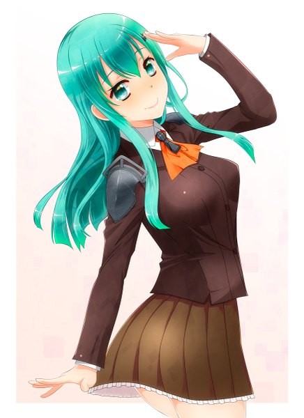 Anime picture 873x1200 with kantai collection suzuya heavy cruiser kiko (weavehabit) single long hair tall image looking at viewer blush fringe breasts simple background smile aqua eyes aqua hair framed salute girl skirt clothes
