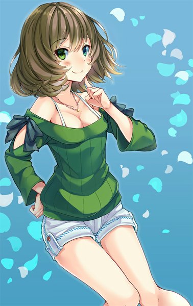 Anime picture 600x950 with idolmaster idolmaster cinderella girls takagaki kaede mirai denki single tall image looking at viewer blush short hair simple background smile brown hair bare shoulders cleavage hand on hip heterochromia blue background girl petals shorts