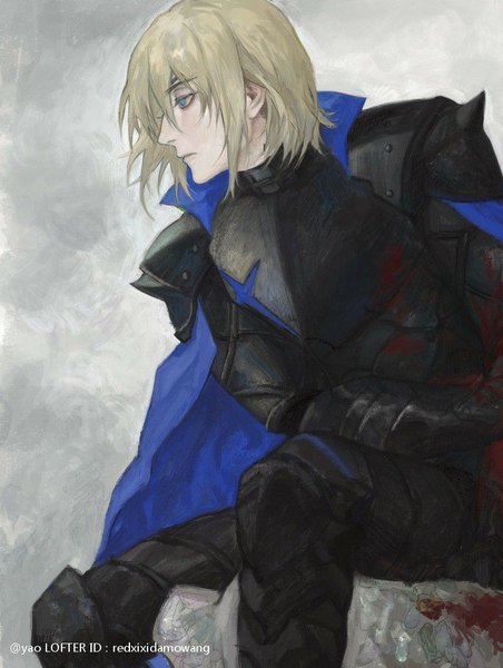 Anime picture 750x996 with fire emblem fire emblem: three houses nintendo dimitri alexandre blaiddyd yao (redxixidamowang) single tall image fringe short hair blue eyes blonde hair hair between eyes sitting signed looking away profile expressionless boy armor cape