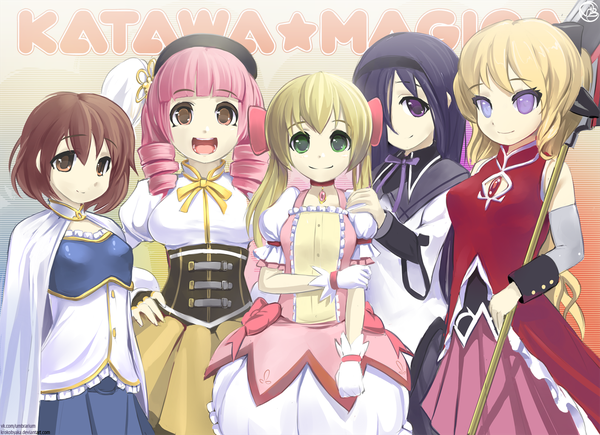 Anime picture 1411x1024 with mahou shoujo madoka magica katawa shoujo shaft (studio) ikezawa hanako satou lilly ibarazaki emi tezuka rin mikado shiina krokobyaka long hair looking at viewer fringe short hair breasts open mouth blonde hair simple background smile twintails purple eyes