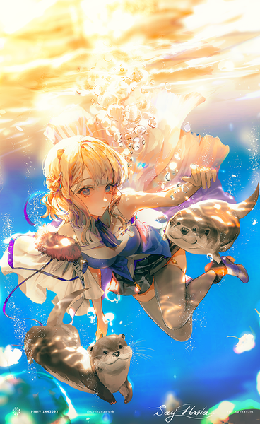 Anime picture 708x1153 with original say hana single tall image fringe short hair blue eyes blonde hair signed full body fur trim sleeveless underwater girl thighhighs animal fur bubble (bubbles) otter