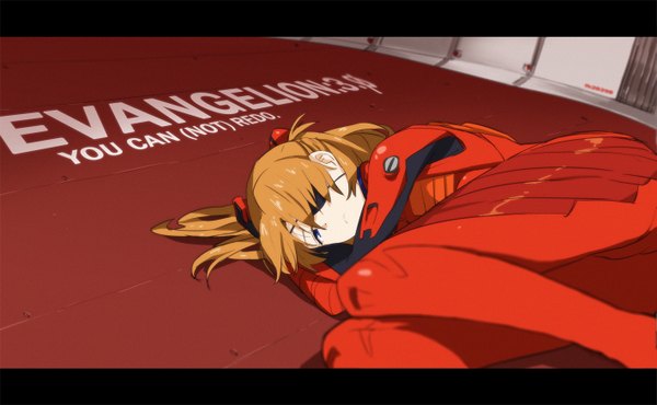 Anime picture 1417x874 with neon genesis evangelion rebuild of evangelion gainax soryu asuka langley shikinami asuka langley saitom single long hair looking at viewer blue eyes wide image lying orange hair inscription shadow letterboxed girl bodysuit eyepatch pilot suit