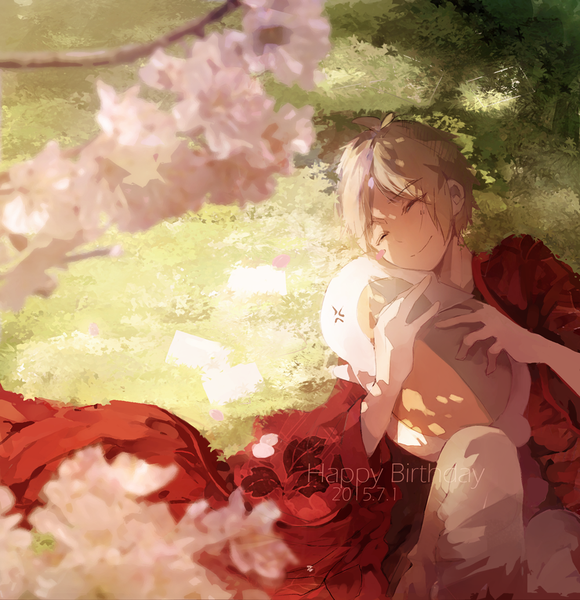 Anime picture 1000x1034 with natsume yuujinchou brains base (studio) natsume takashi madara (nyanko-sensei) left mouse tall image fringe short hair blonde hair smile bent knee (knees) outdoors lying eyes closed traditional clothes sunlight on back eyebrows happy birthday angry