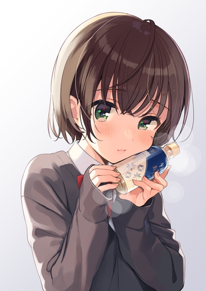 Anime picture 1061x1500 with original shigure ui single tall image looking at viewer blush fringe short hair simple background hair between eyes brown hair holding green eyes upper body fingernails lips gradient background sleeves past wrists :t girl